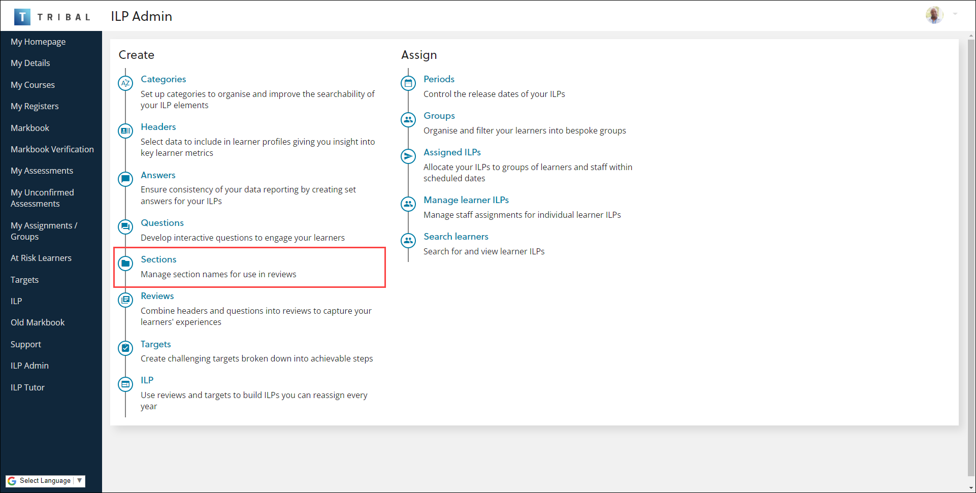 Sections option